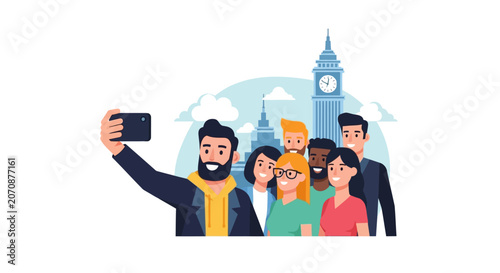 Group of Diverse Friends Taking Selfie in London with Big Ben Background, Travel and Tourism Flat Vector Illustration