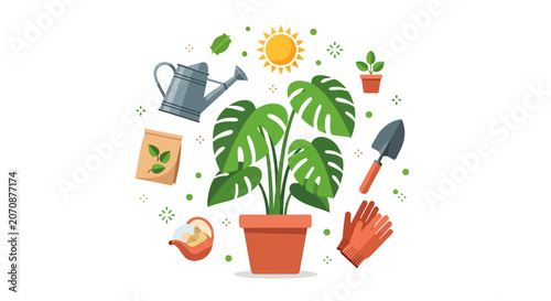 Flat Vector Illustration of Indoor Gardening Care with Monstera Deliciosa Plant, Watering Can, Trowel, and Gloves on White Background