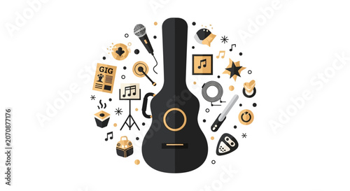 Flat Vector Illustration of Music Gig Icons with Guitar, Microphone, and Notes for Concert and Performance Branding