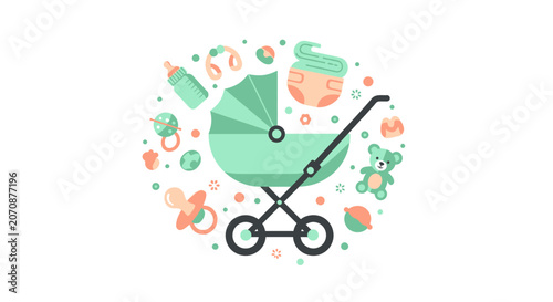 Flat Vector Illustration of a Baby Stroller with Infant Care Accessories and Toys in Pastel Green and Peach