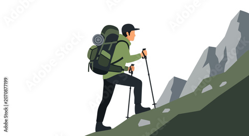 Flat Vector Illustration of a Man Hiking Uphill with Backpack and Trekking Poles on a Mountain Side, Isolated on White Background for Adventure and Travel Concept