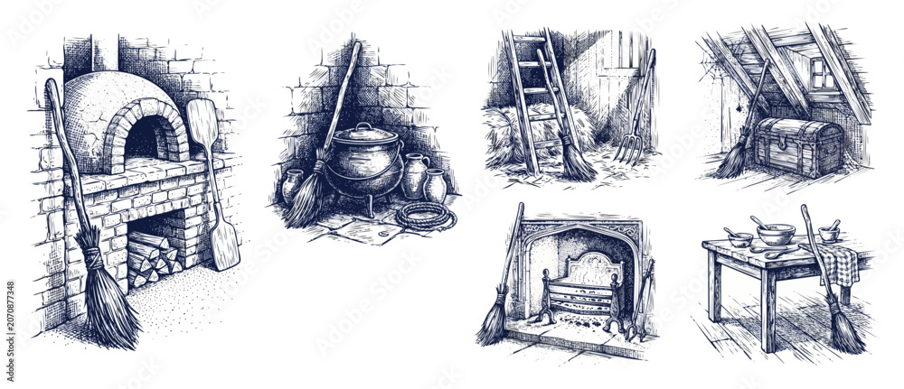 Naklejka premium Rustic medieval fireplace witch broom sketch set featuring vintage stone oven cauldron attic chest and cottage kitchen illustrations for fantasy folklore halloween graphic design elements.