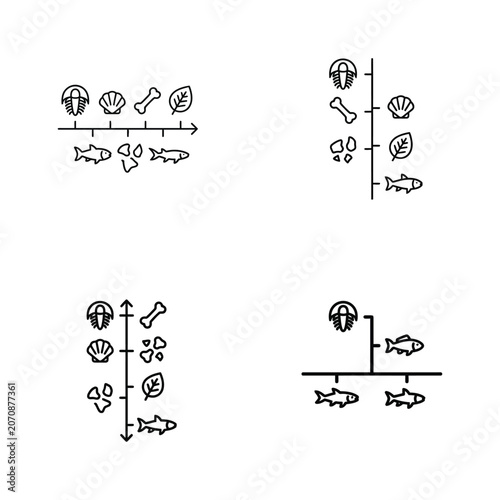 Evolutionary Timeline Icons: Fossils, Plants, and Fish