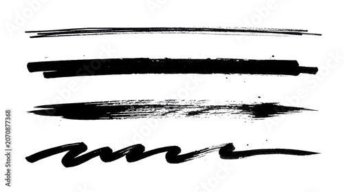 Foto Set of four hand drawn brush stroke lines in black ink isolated on transparent b