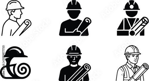 Construction engineer specialist holding rolled blueprint plan icon set representing developer surveyor supervisor architect building inspector safety hardhat site project graphics