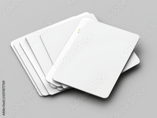 White bank cards with a chip are displayed on a gray background. This is a design template.
