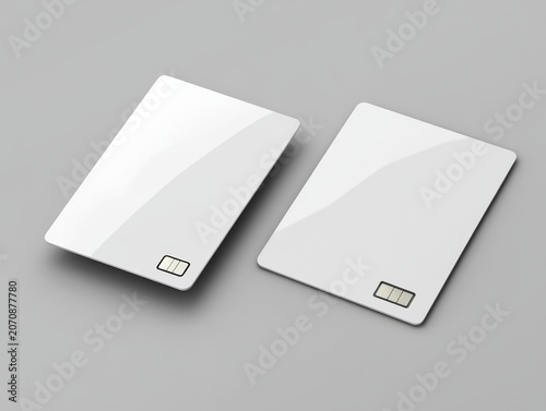 White bank cards with a chip are displayed on a gray background. This is a design template.
