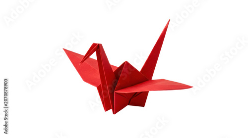 Fotografie Red paper origami crane bird craft isolated on transparent background