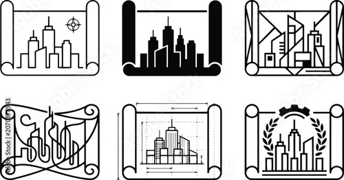 City skyscraper skyline blueprint paper icon set representing urban downtown architecture development town mapping planning infrastructure structural illustration