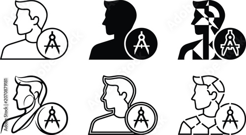 User profile manager architectural compass icon set representing professional structural planner expert engineer consultant technician construction design layout builder outline graphic