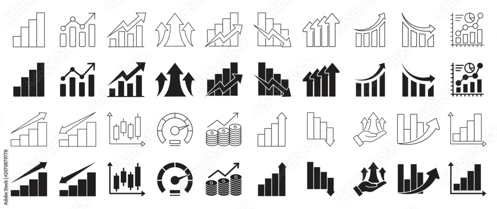 Fototapeta premium Growth analytics icons set. Business performance, financial charts, revenue growth, market trends, bar graph, line chart, arrow, outline and solid vector collection.