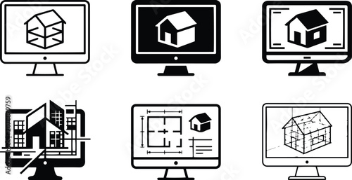 Architectural house model on computer monitor icon set representing digital engineering project residential layout software construction workflow structural schematic illustration