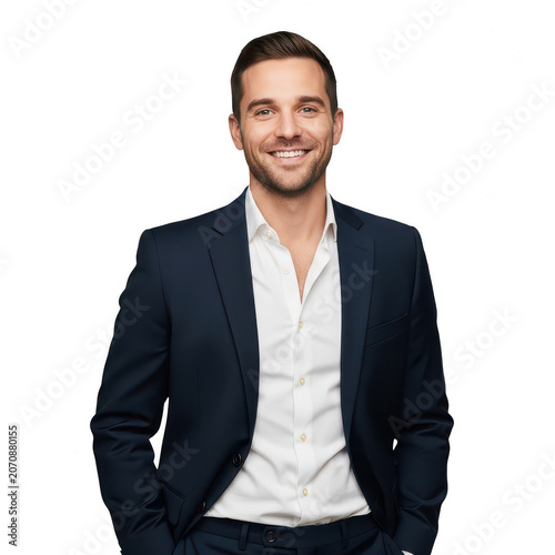 Smiling young businessman in a dark blue suit jacket isolated on transparent background