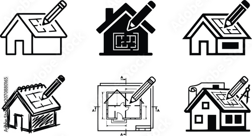 House building design pencil sketch icon set representing home real estate development architectural drawing schematic layout construction planning illustration