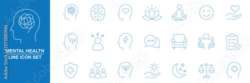 Mental health web icons in line style. Depression, psychotherapy, psychological, bipolar, negative thinking, obsession, collection. Editable stroke. Vector illustration. Mental wellness and self care