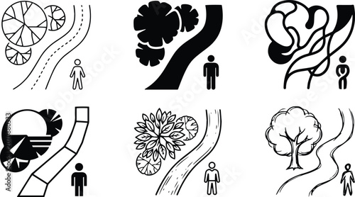 Landscape architect map layout icon set representing environmental urban park pathway outline planning tree symbol human reference industry graphics