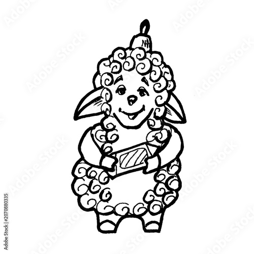 Hand-drawn black line art sheep toy for Christmas tree decoration on isolated background, perfect for Christmas decorations, cards, stickers, packaging, gifts and banners