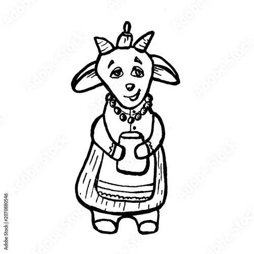 Hand drawn black line art goat symbol of the year of the goat Christmas tree decoration on isolated background, perfect for Christmas decorations, cards, stickers, packaging, gifts and banners