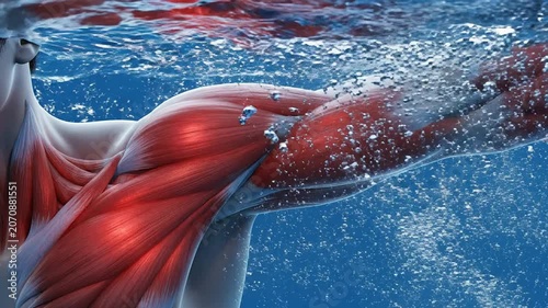 Surreal 3D Render of Swimmer's Shoulder Mid-Stroke Showing Muscular Anatomy Blending with Water Surface in Dynamic Motion Image