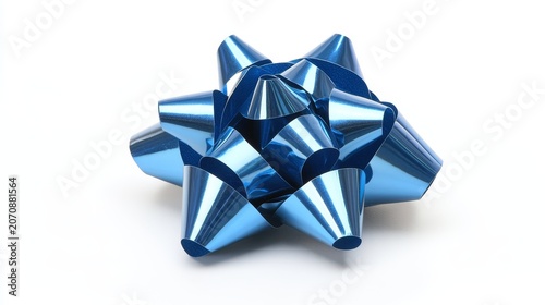A shiny, blue bow with a ribbon across it. Isolated on a white background.
