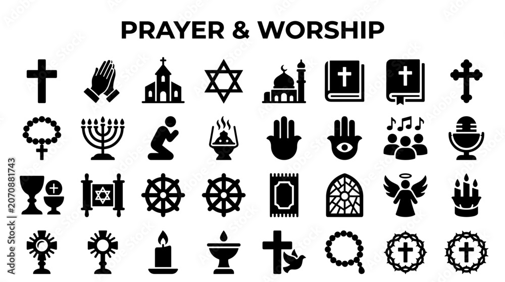 Naklejka premium Collection of diverse religious symbols and icons representing prayer worship and faith traditions from around the world spiritual icons for design and concept