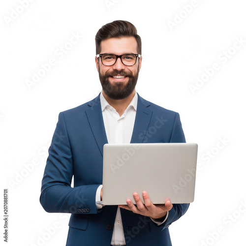 Happy businessman with beard using a laptop computer isolated on transparent background