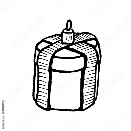 Hand drawn black line art gift box toy for Christmas tree decoration on isolated background, perfect for New Year decorations, cards, stickers, packaging, gifts and banners.
