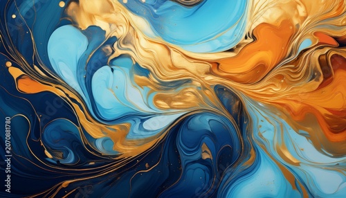 abstract fluid painting background creating a vibrant contrast of blue gold and orange swirling colors creating organic shapes