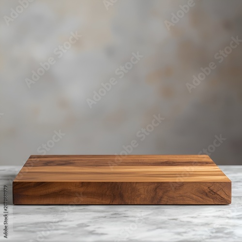 A rustic wooden cutting board rests on a marble countertop, set against a textured concrete background, perfect for showcasing culinary creations.