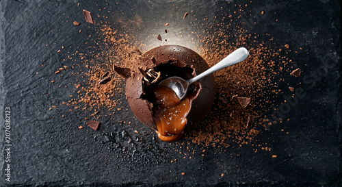 Broken Chocolate Sphere with Caramel Filling and Cocoa Dust Explosion on Dark Slate