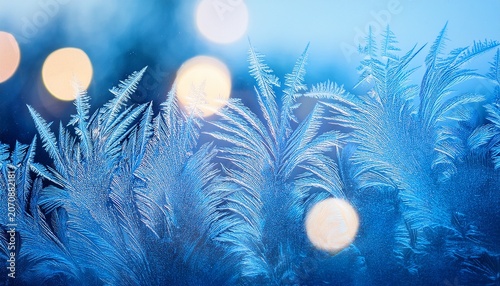 frozen window pane creating icy frost patterns with soft blue light and blurred bokeh circles