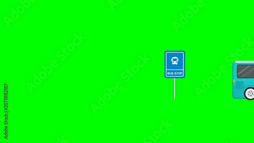 A blue city bus animation arriving and stopping at a bus stop sign on a green screen to represent public transportation, daily commuting, and urban transit concepts.