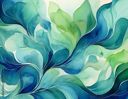 abstract watercolor pattern featuring blue and green organic shapes overlaying creating vibrant fluid textures