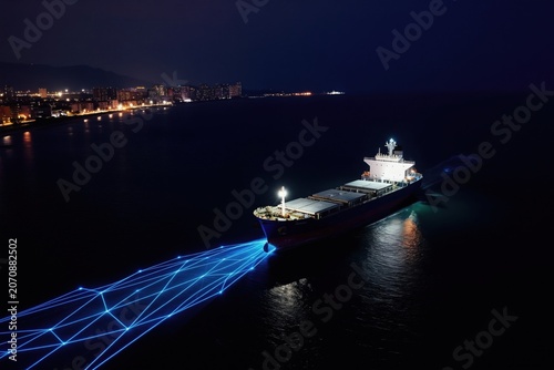 Cargo ship navigates dark ocean leaving glowing digital trail. City lights shimmer on distant coast. Global trade, logistics, maritime tech, big data.