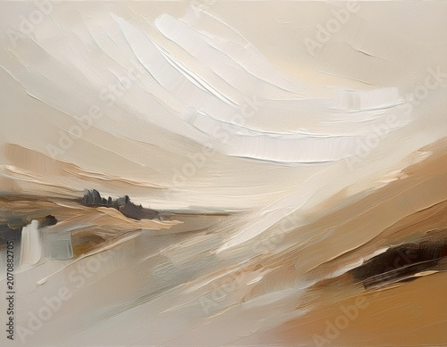 neutral beige and white abstract oil painting with visible brushstrokes and palette knife textures creating a blurred landscape effect