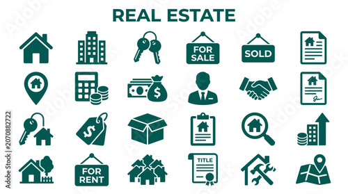 Obraz na plátně Real estate icons representing home buying selling renting property investment m