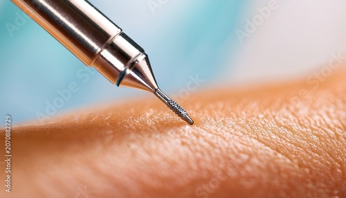 ultra close macro shot of microneedling rf device tip on the skin surface