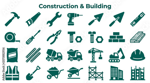 Billede på lærred Collection of construction and building icons and tools representing industry an