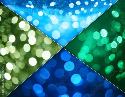 split screen dividing abstract blue and green bokeh effect background with diagonal line showing contrast and transition