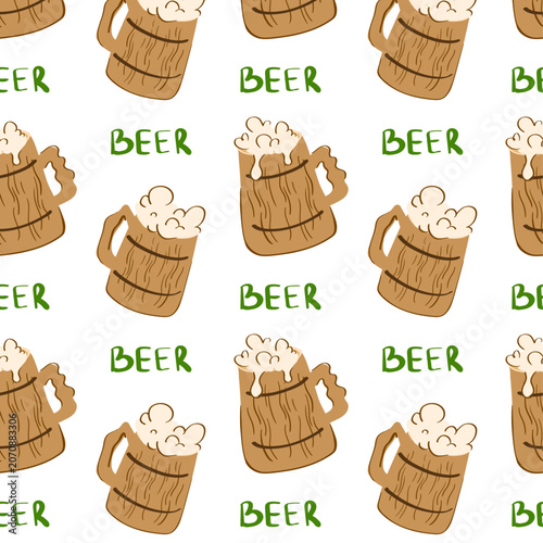 Wooden Beer Mug Pattern. Oktoberfest Background for Packaging, Merchandise and Brewery Branding