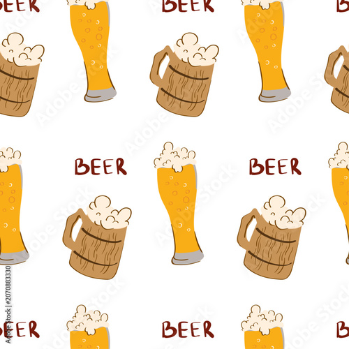 Beer and Wooden Mug Pattern. Brewery Background for Oktoberfest Decorations, Packaging and Pub Merchandise
