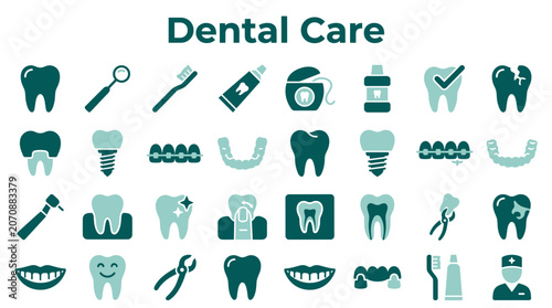 Schilderij op canvas Collection of dental care icons and symbols representing oral hygiene, teeth hea
