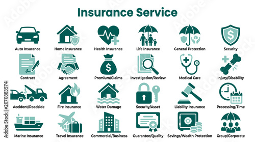 Insurance services concept icons illustrating diverse protection plans like auto home health life general security and accident coverage
