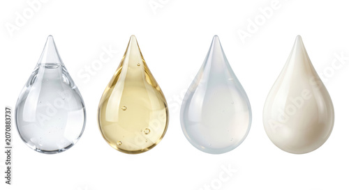 Tableau sur toile Cosmetic liquid drops clear golden serum and lotion, isolated on transparent bac