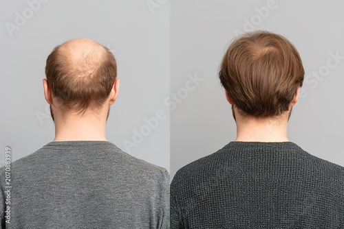 Man showing hair loss recovery progress by comparing two back view photos before and after treatment on grey background.