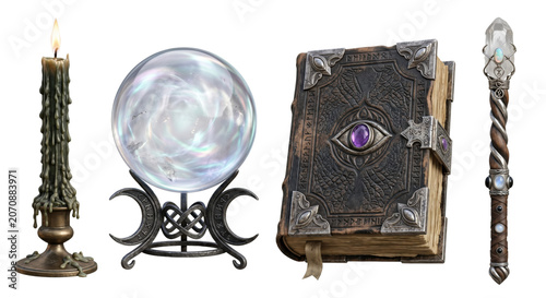 Принти на полотні Mystical wizard objects crystal ball candle spellbook wand, isolated on transpar