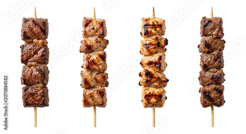 Obraz na płótnie Grilled meat skewers beef and chicken kabobs, isolated on transparent background