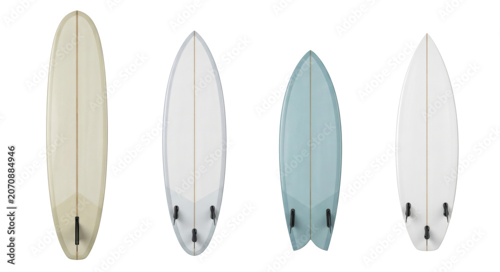 Obraz premium Surfboards variety in different shapes and fin setups, isolated on transparent background