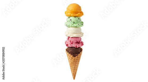 Εκτύπωση καμβά Colorful ice cream cone with five stacked scoops, assorted flavors of gelato in
