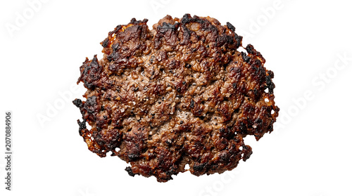 Fotografie Smashed burger patty with crispy charred edges, grilled ground beef meat for sma